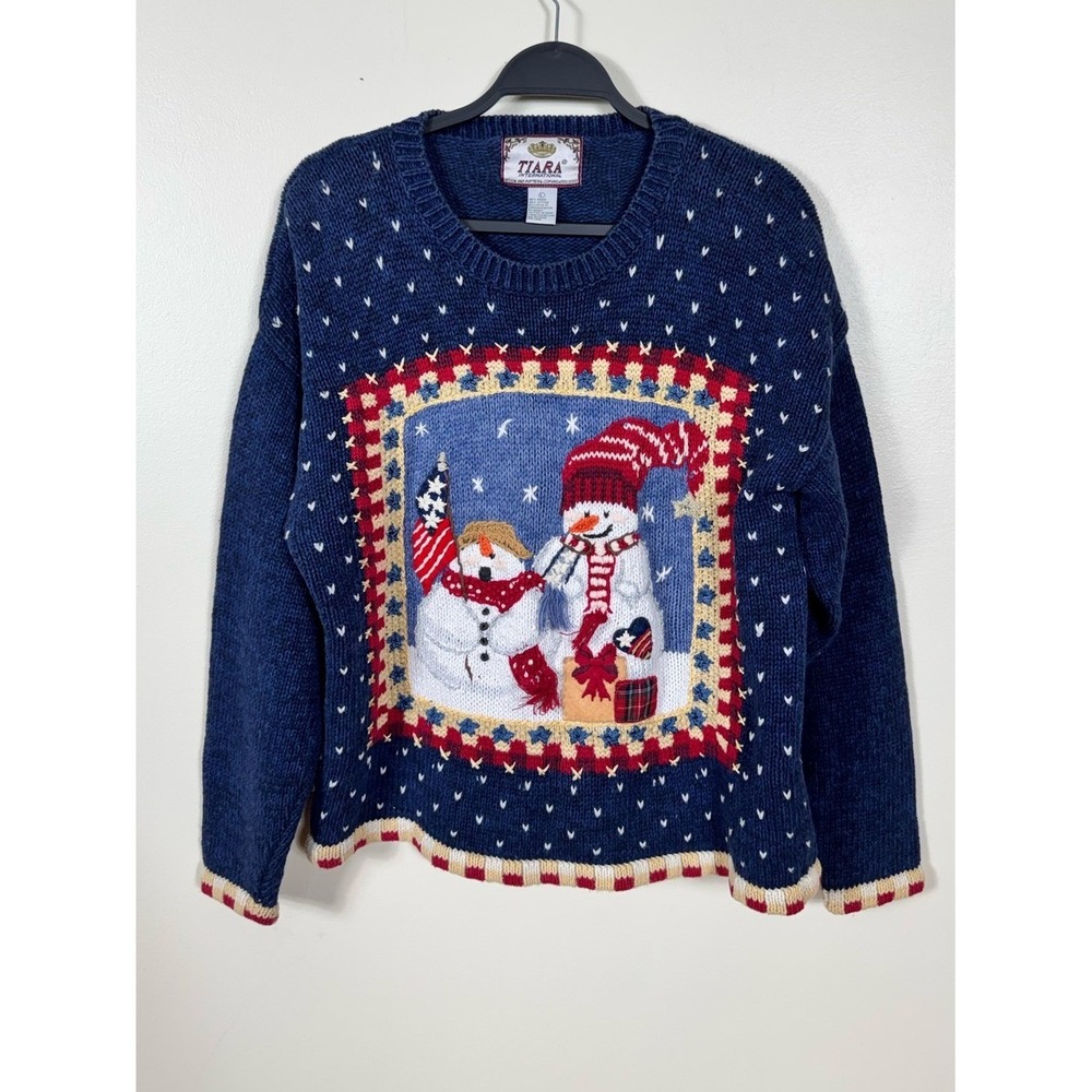 Vintage 90s Tiara Snowman Birdseye Christmas Sweater Large Embroidered Holiday